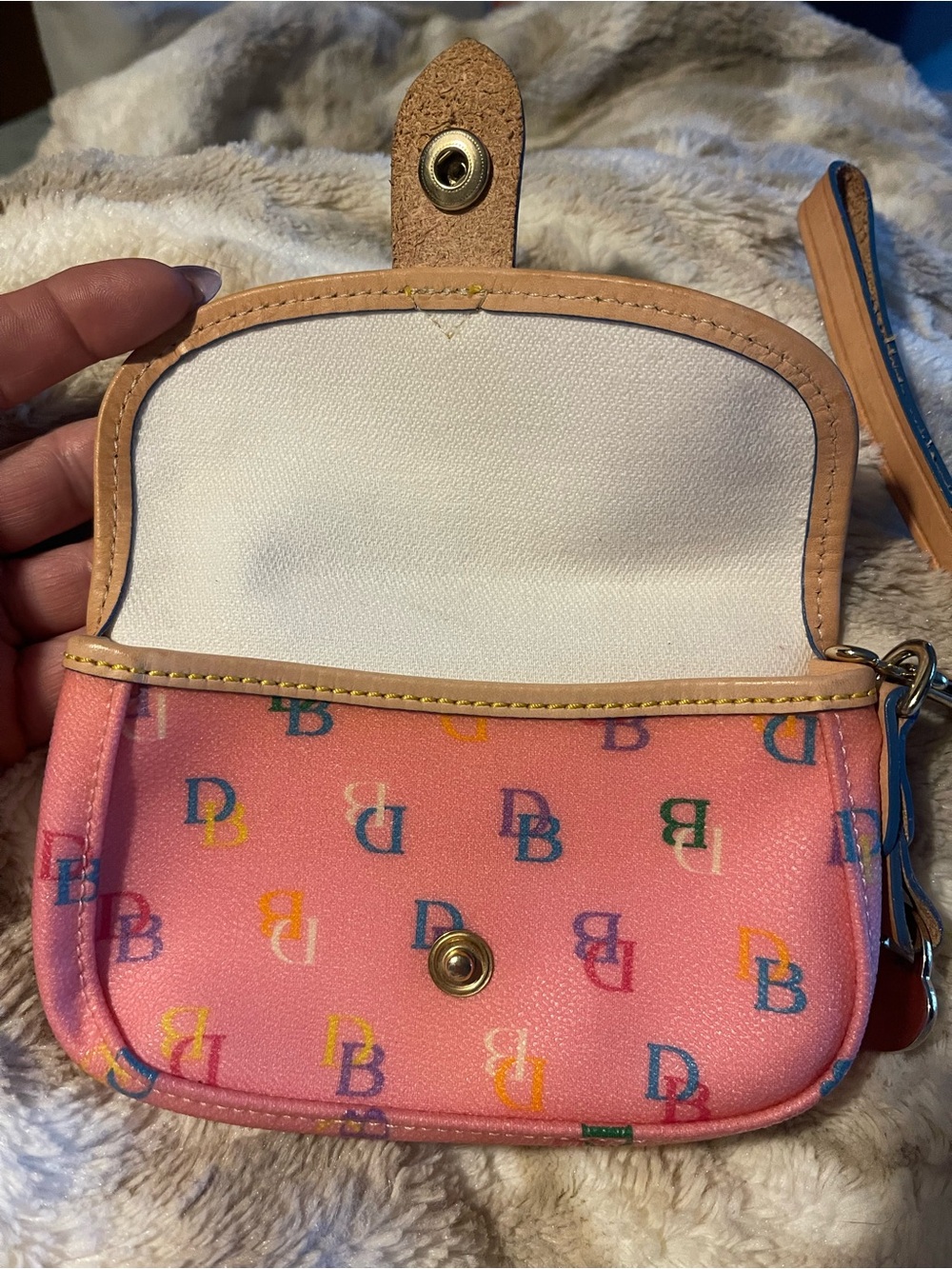 Dooney & Bourke Pink Multicolor DB Logo Wristlet with Tan Trim - Picture 8 of 13